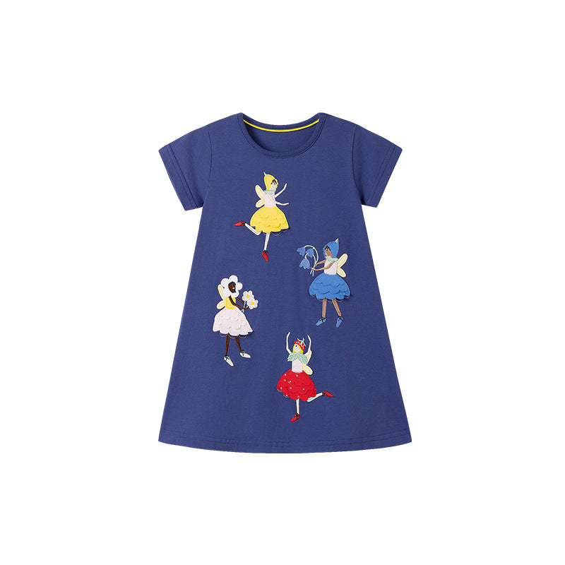 Summer Arrival Cartoon Dancers Pattern Short Sleeves Dress for Stylish Girls