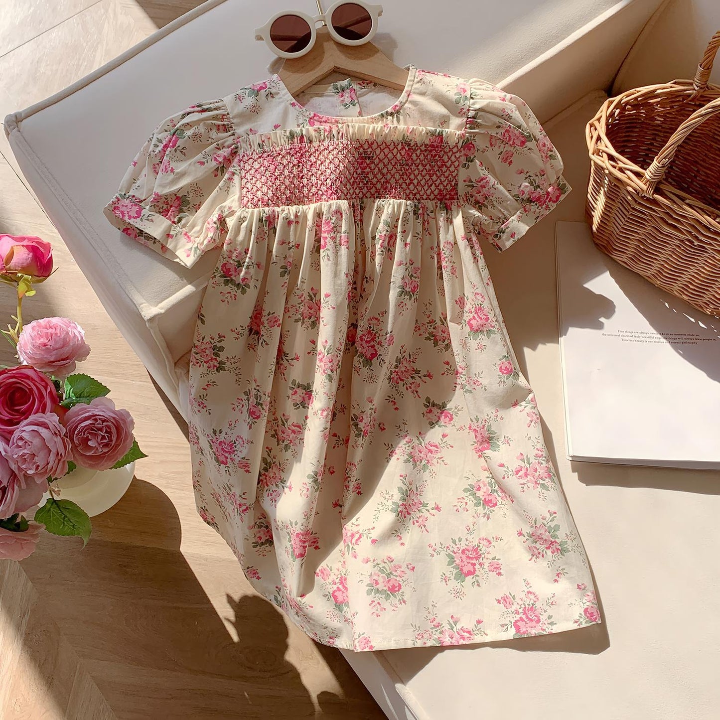 Summer Baby Kids Girls French Short Sleeves Floral Pattern Printed Dress