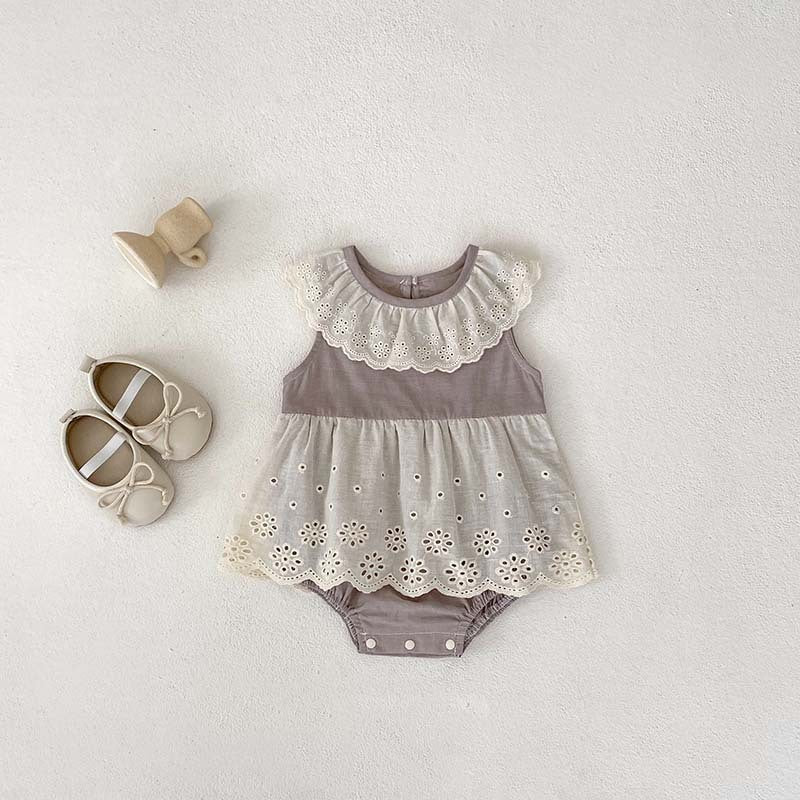 Summer New Design Baby Girls Flowers Hollow Out Pattern Sleeveless Patchwork Onesies