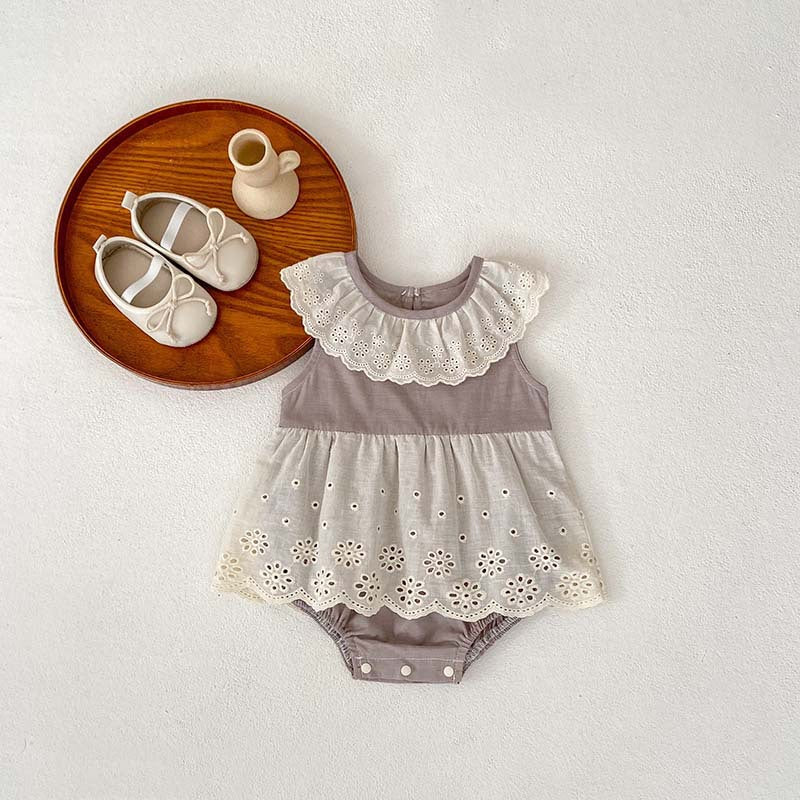 Summer New Design Baby Girls Flowers Hollow Out Pattern Sleeveless Patchwork Onesies