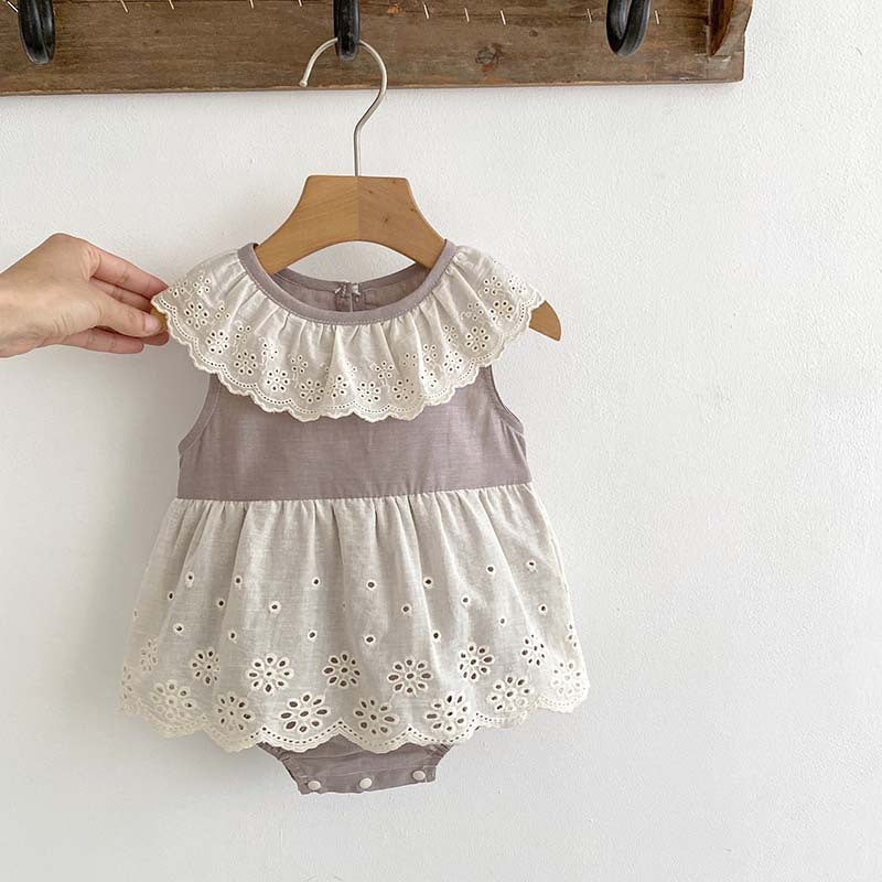 Summer New Design Baby Girls Flowers Hollow Out Pattern Sleeveless Patchwork Onesies