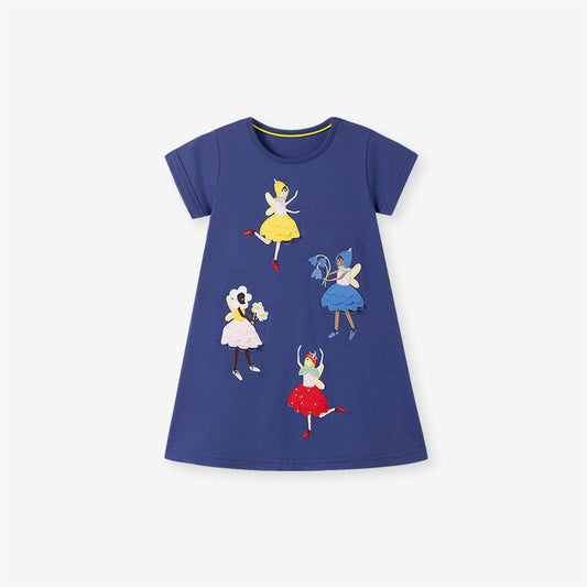 Summer Arrival Cartoon Dancers Pattern Short Sleeves Dress for Stylish Girls